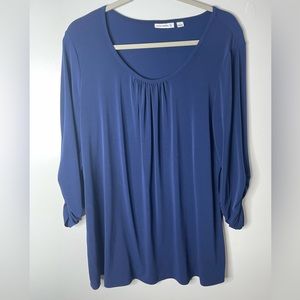 Susan Graver Top Large Blue Blouse Ruched Sleeves Liquid Knit